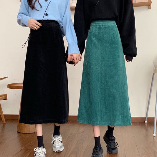 [Left Little Sister Arrival Series] ★Long length skirt★All 4 colors corduroy fabric Plain A-line Beautiful line High waist