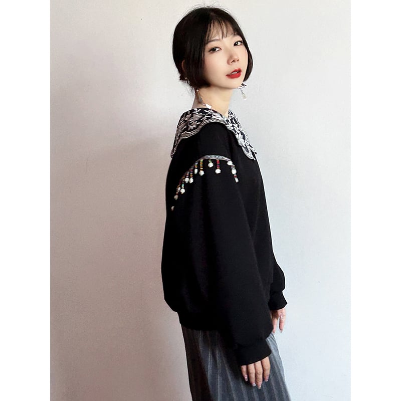 [True Fish Series]★China style top★ Embroidered fringe ladies long sleeve cute collar large size black