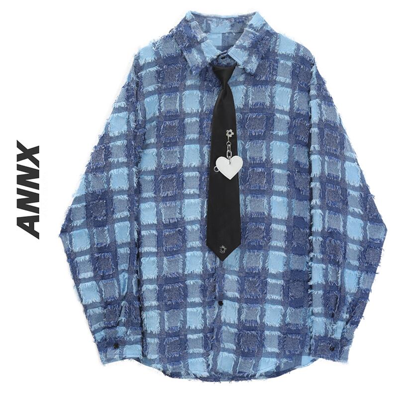 [ANNXstudio Series]★Shirt with tie★ Long sleeve shirt Shirt Tops Plaid pattern Unisex Men's Blue