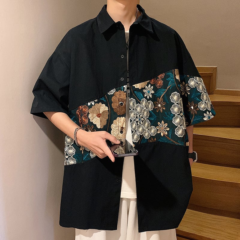 [High Series] ★Chinese-style shirt★ 2 colors, black or white, short sleeves, summer, embroidery, floral pattern, unisex, large size