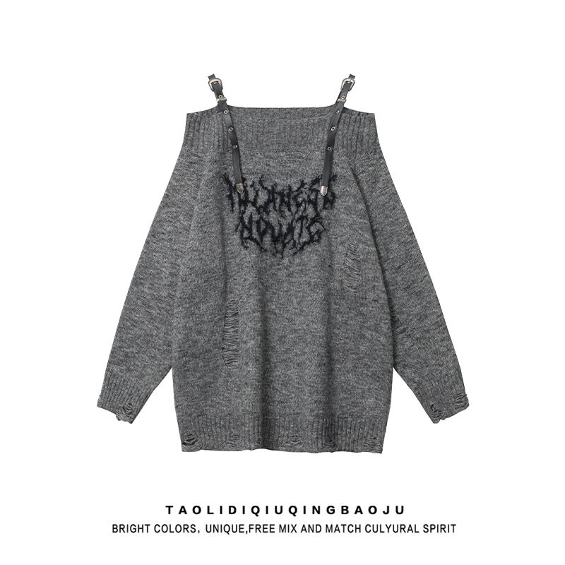 [Escaped Earth Series]★Sweater★ 2color Tops One Shoulder Sexy Gray Black Loose