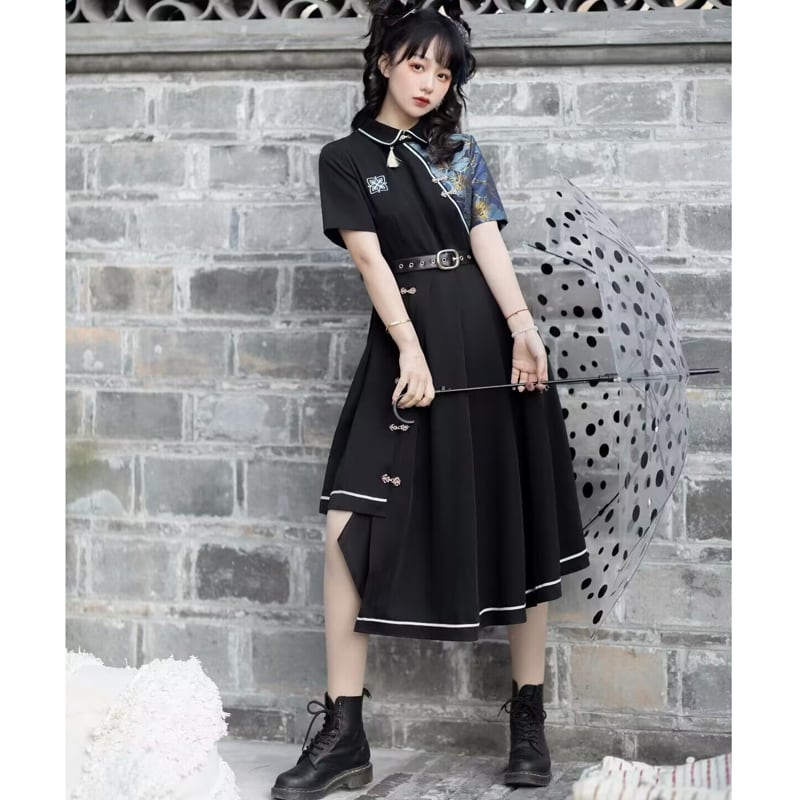 [Dust Smoke Cloud Dream --- Nightless Castle Series] ★China style dress★ Switching floral pattern black black irregular short sleeve SML original