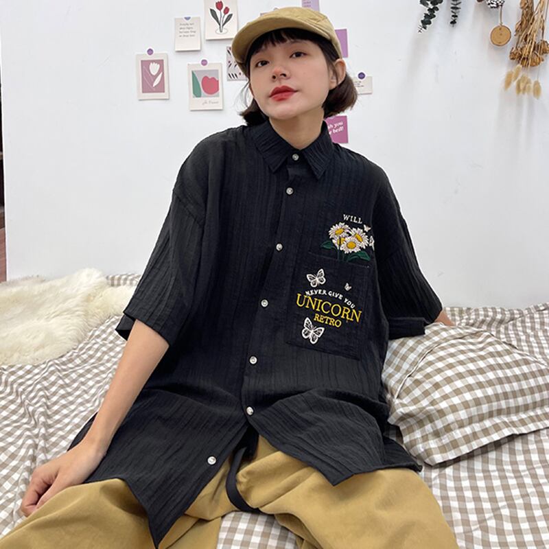 [PMFIVEE Series]★Shirt★ 2color Embroidery Tops Unisex Men's ML XL Retro Unique Brown Black