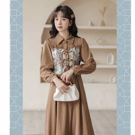 [Shukunsho series] ★China style dress★ 2color fake layered ladies cute retro autumn clothes black coffee color