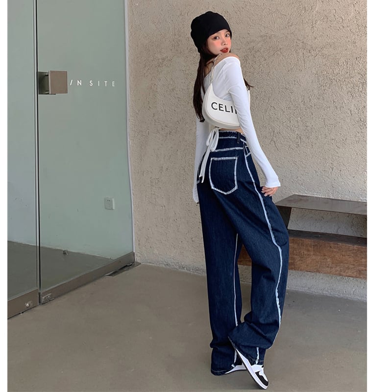 [Left Little Sister Series]★Denim Pants★ Gaucho Pants High Waist Fashion Slimming Blue Blue SML XL