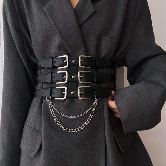 [Yuwei Series]★Belt with chain★ Accessories Small items Black Easy to match Unique and stylish