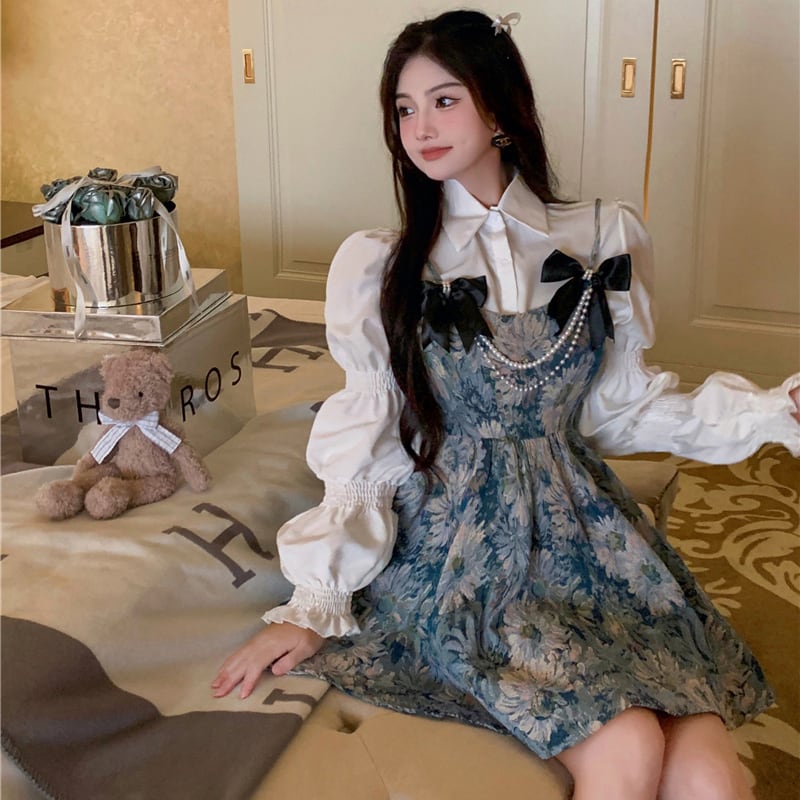 [NANA Series]★Setup★ Shirt + Hanging Dress Oil Painting Style 2 Piece Set White Blue SML Cute Short Length