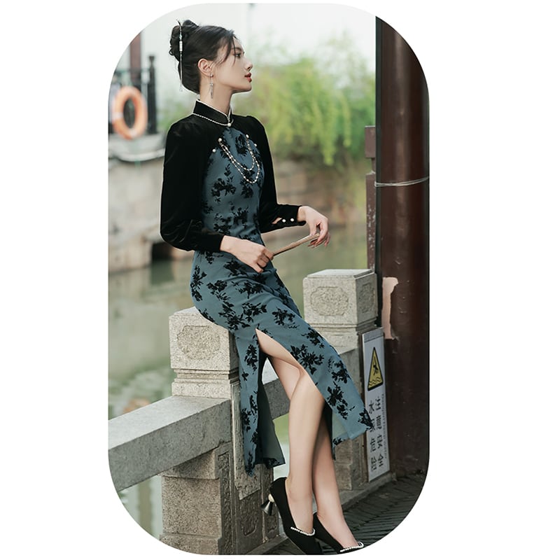 [RUYUN Series] ★Cheongsam Dress★ 2color Switching Velvet Temperament Enhancement Floral Pattern Chinese Style Dress