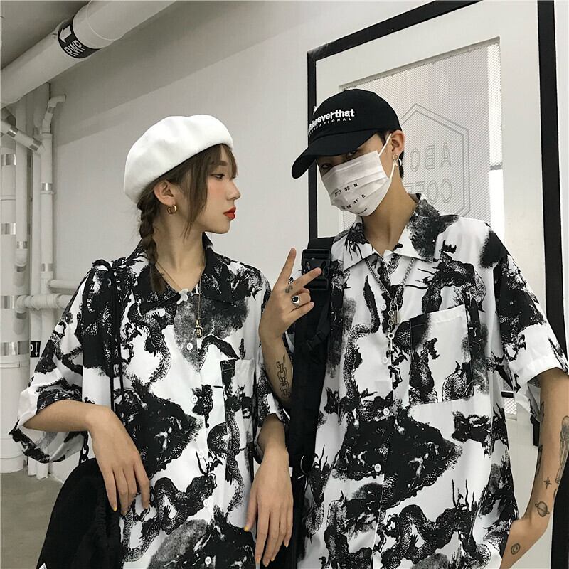 [Miyakoya Series]★China style shirt★ Short sleeve, dragon crest, floral pattern, unisex, ML, summer, cool, couple clothes, everyday wear