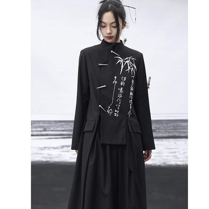 [Big Blue Dragon Series] ★China style outerwear★ Long length Kanji pattern embroidery irregular bamboo black black original