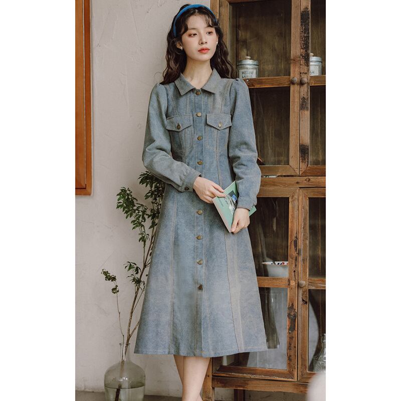 [YUJIAN Series] ★Dress★ Denim dress Retro Easy to match Date Improves temperament Commuting Blue Blue