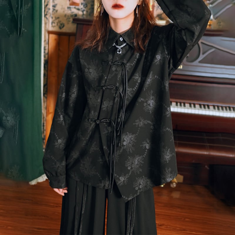 [Ancient Monster---Ink series] ★China style shirt★ Tops long sleeve shirt original print black black