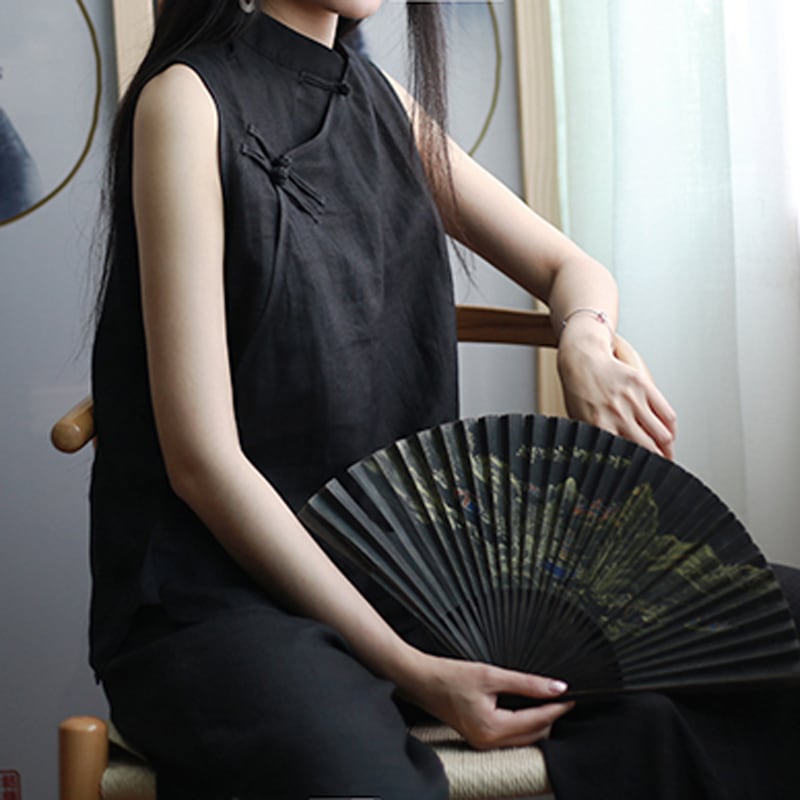 [Series]★Chinese style tops★ Chinese clothes improved Tang suit sleeveless cotton linen black black