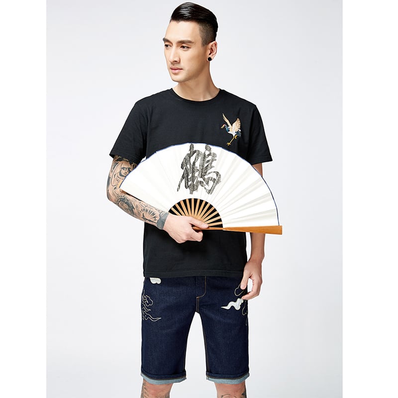 [JPYZ Series]★China style T-shirt★ 2color tops unisex men's crane embroidery black white cotton