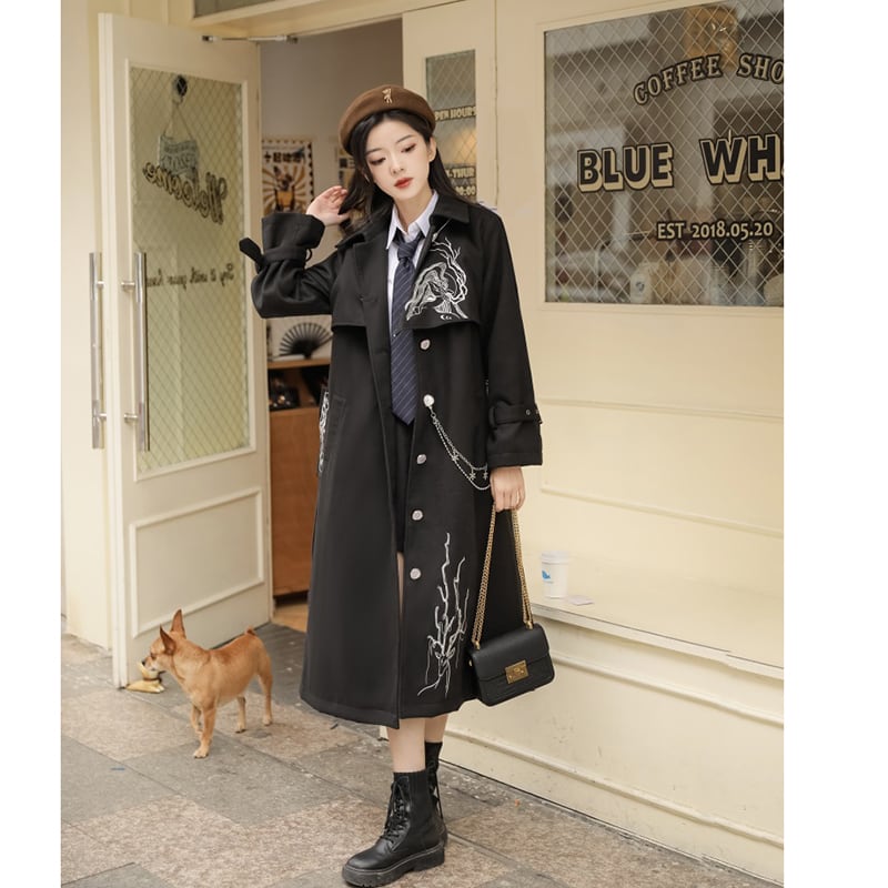 [Hanru First---Beisheng Series] ★China style coat★ Long outerwear with chain embroidery Black Black SML