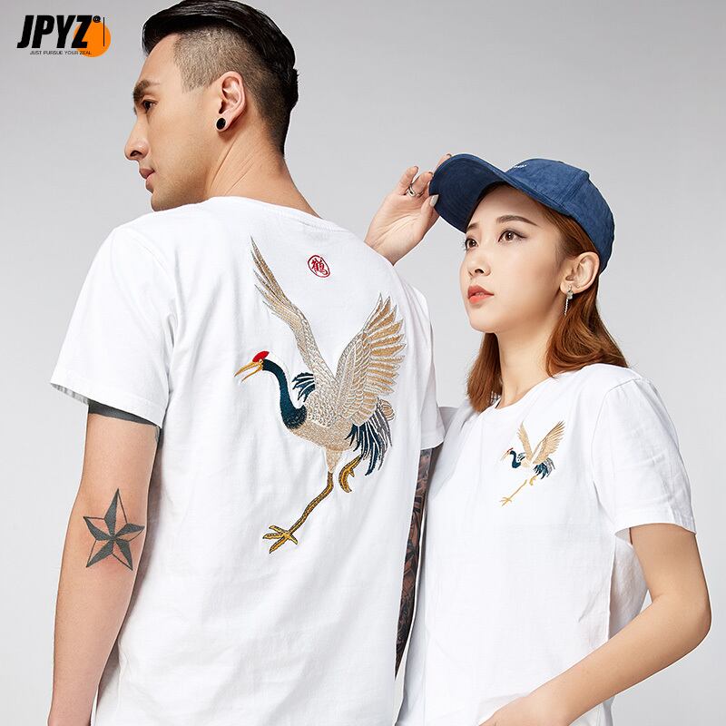 [JPYZ Series]★China style T-shirt★ 2color tops unisex men's crane embroidery black white cotton