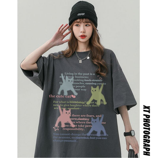 [SENSU Series]★T-shirt★ 4color Tops Cat Print Unisex Men's Summer Clothes Short Sleeve T-shirt