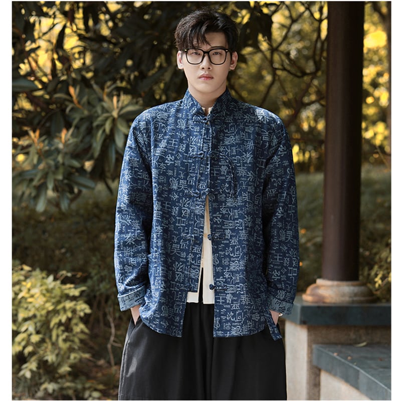 [JUNYI Series]★China style outerwear★ 2color shirt outerwear jacket tops denim shirt letter pattern kanji pattern unisex men's large size black blue