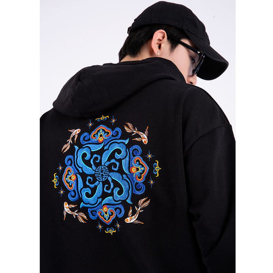 [Machiha clan series] ★China style hoodie★ 2color black or white embroidery wave goldfish alphabet black white