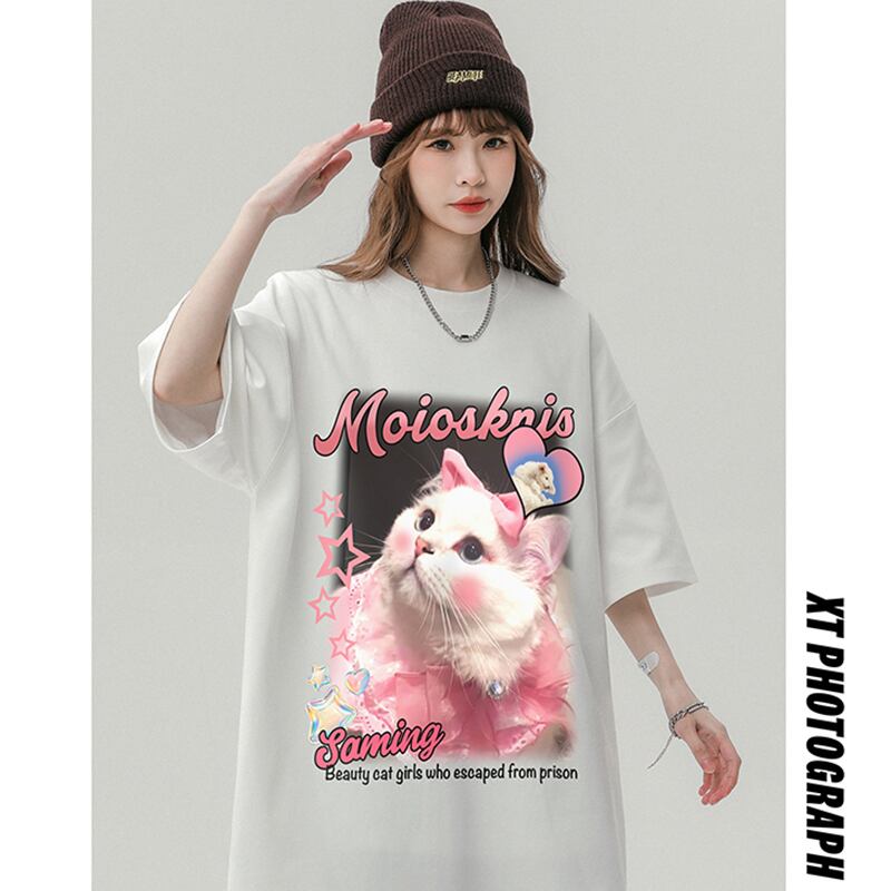 【SENSUシリーズ】★Tシャツ★ 3color トップス 男女兼用 メンズ 夏服 半袖Tシャツ 猫 ベージュ ホワイト ブラック