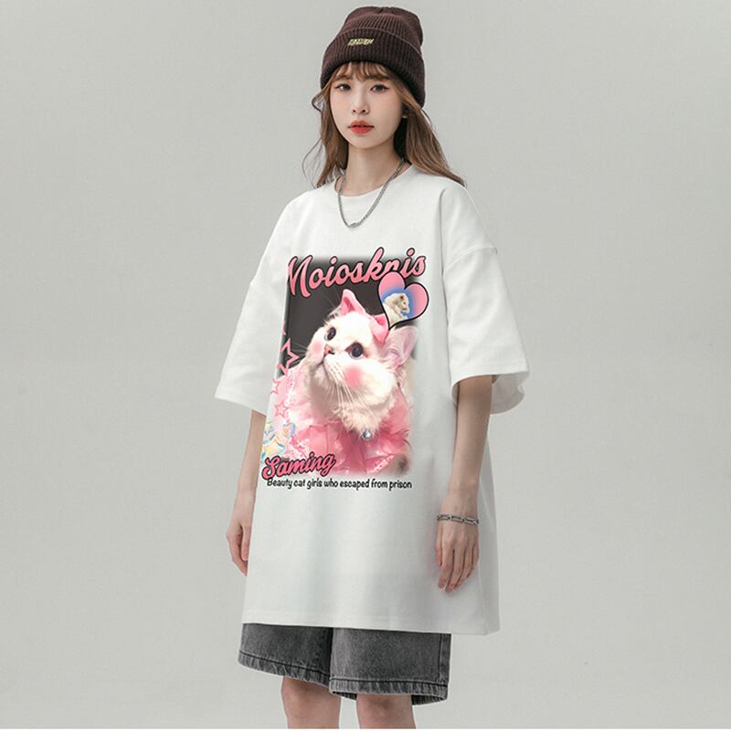 [SENSU Series]★T-shirt★ 3color Tops Unisex Men's Summer Clothes Short Sleeve T-shirt Cat Beige White Black