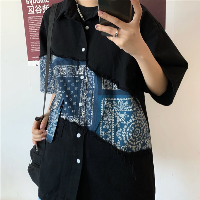 Time sale now on! ! [Style Series]★Shirt★ Tops Floral Pattern Switching Short Sleeve Shirt Unisex Print Men's Women's Black Black