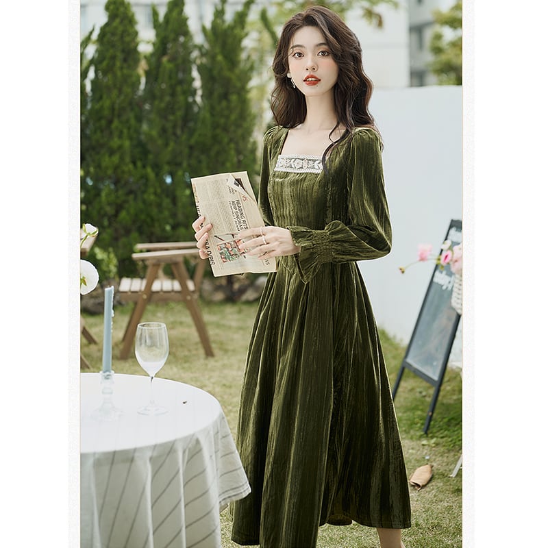 [Kasa Castle Series] ★One Piece★ Velvet Retro Green Green SML XL Party Wedding Date