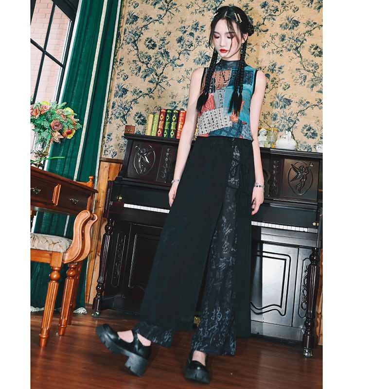 [Kokaisha---Shinkyo Series]★China style pants★Bottoms Gaucho pants Letter pattern switching Black Black