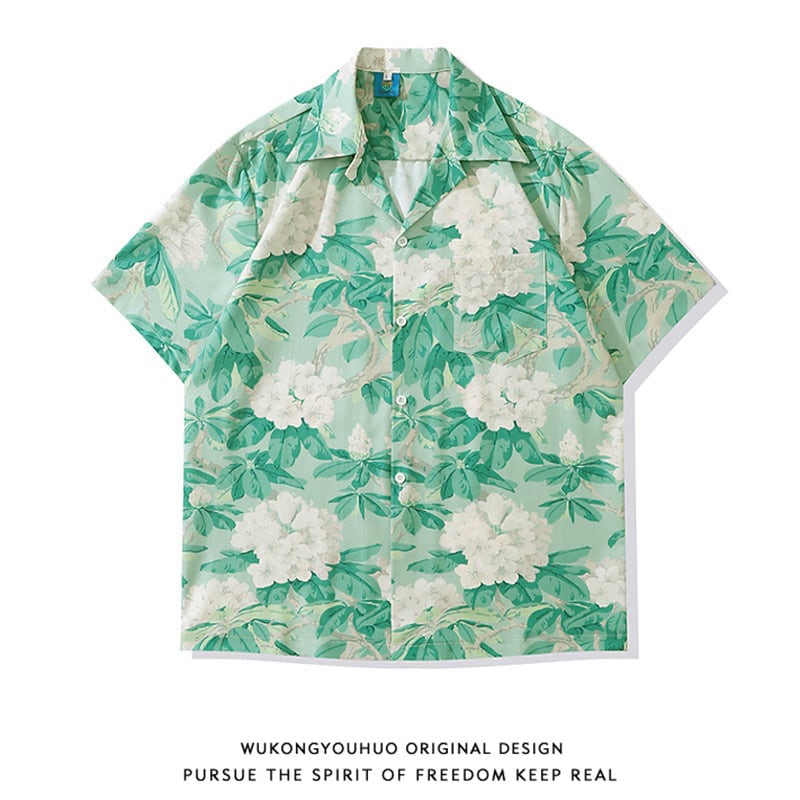 [JINKESEN Series]★Shirt★ 2color Aloha Shirt Okinawa Hawaii Tops Short Sleeve Shirt Unisex Men's Floral Pattern Shirt Green