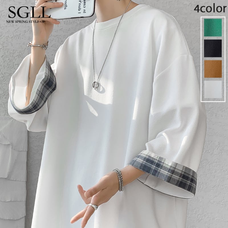 [SGLL Series]★T-shirt★ 4 Colors Men's Unisex Summer 3/4 Sleeve Black White Green Brown