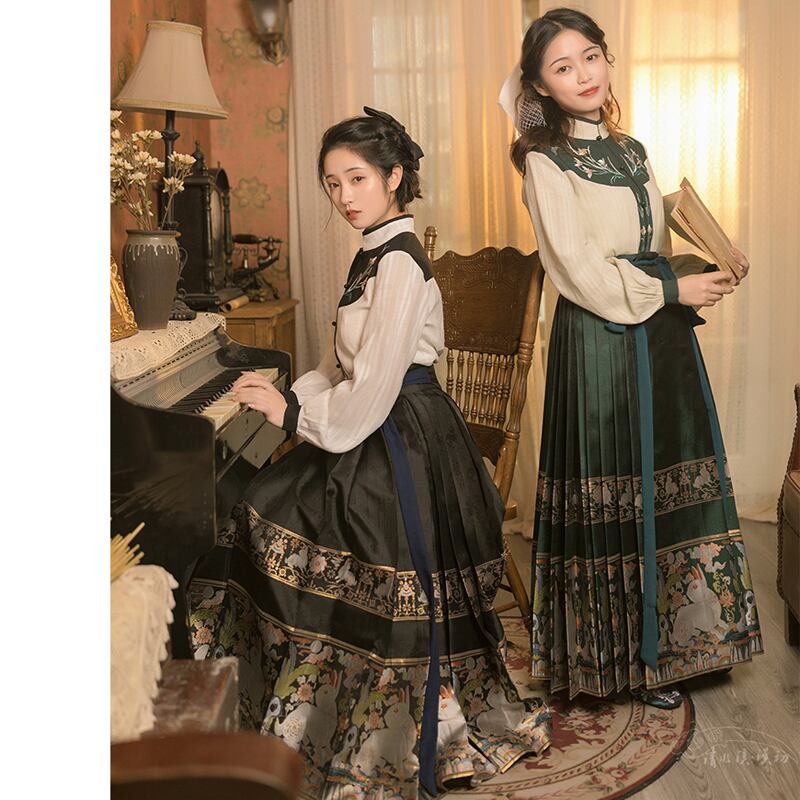 [Shimizu Kei Series] ★Long Skirt★ Limited Quantity Chinese Clothing Pleated Skirt Hanfu Wrap Skirt Rabbit Yoshigumo Black Green Blue