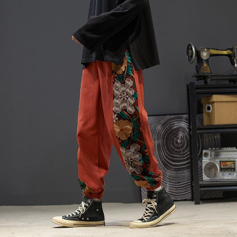 [Small trouble series] ★ Chinese style pants ★ Casual pants 4 colors Black or beige Embroidery Floral pattern Unisex Large size