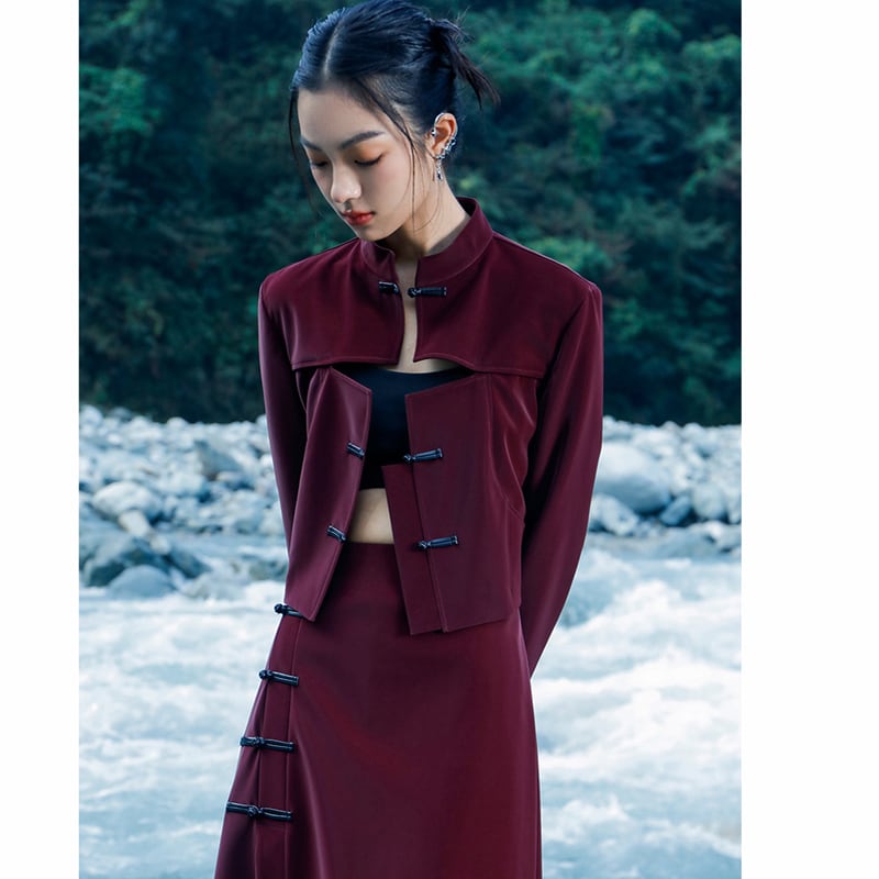 [Big Blue Dragon Series] ★China style outerwear★ PU jacket China button openwork wine red red