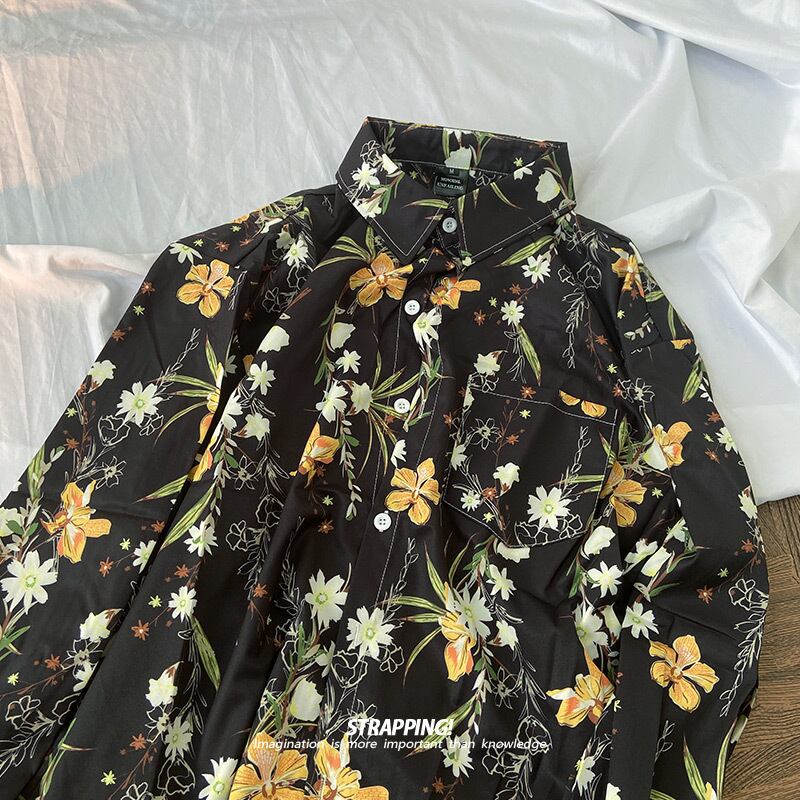 [STRAPPING Series]★Shirt★ Tops Unisex Men's Fashion Black Black Floral Pattern Shirt