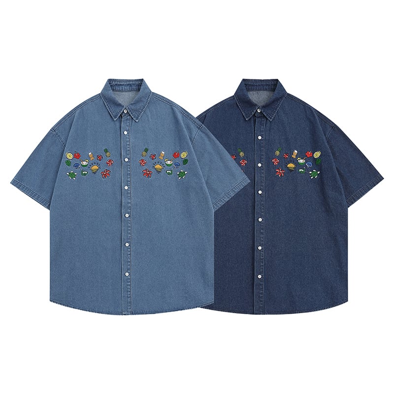 [PUDUN Series]★Denim shirt★ Tops, short sleeve shirt, unisex, men's, unique, embroidery, summer clothes, blue, blue