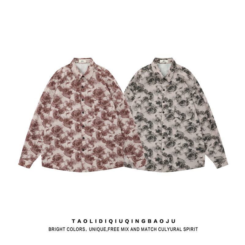 [Escaped Earth Series]★Shirt★ 2color Long Sleeve Shirt Tops Unisex Men's Floral Pattern Retro Casual