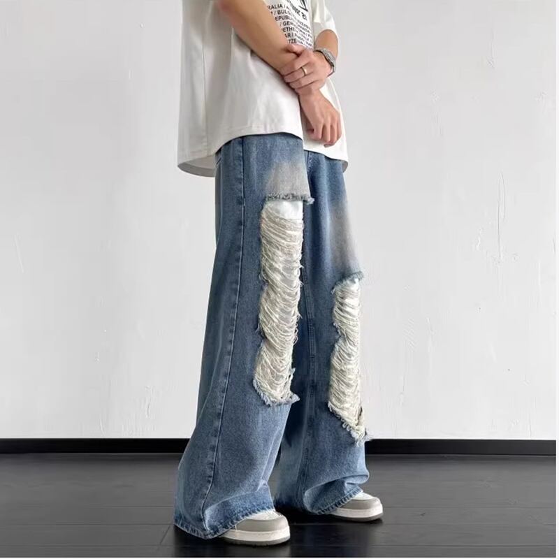 [Leonbinno Series]★Denim pants★ 2color bottoms pants unisex men's distressed fashion black blue