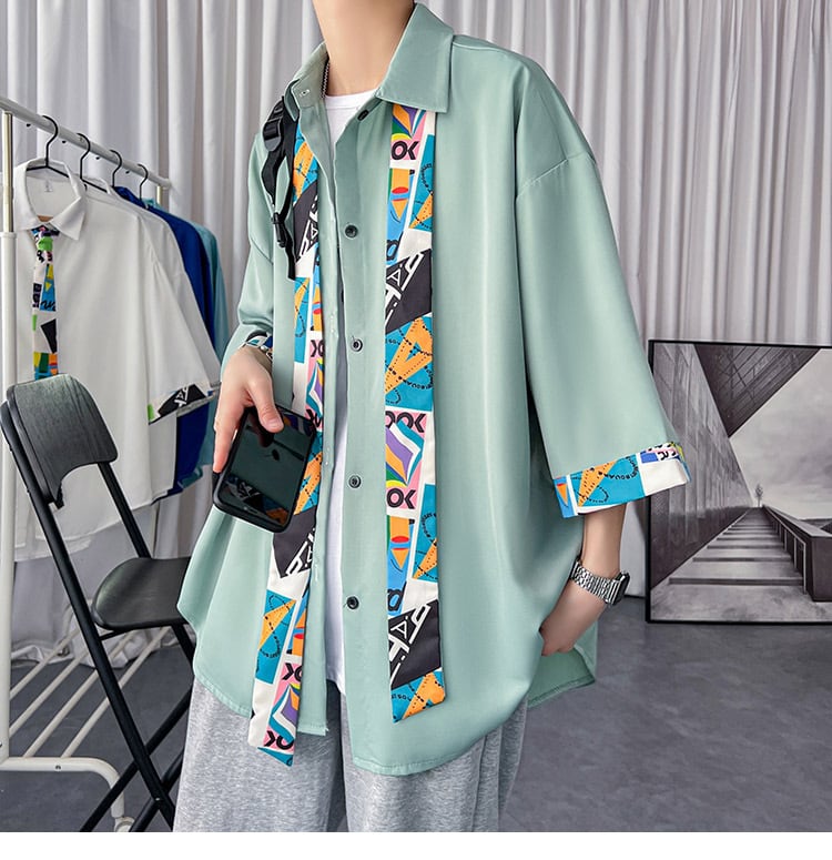 [LANGGUANGHU Series]★Shirt with tie★ 4 colors, floral pattern, casual, Harajuku style, unisex, men's green, black, white, blue