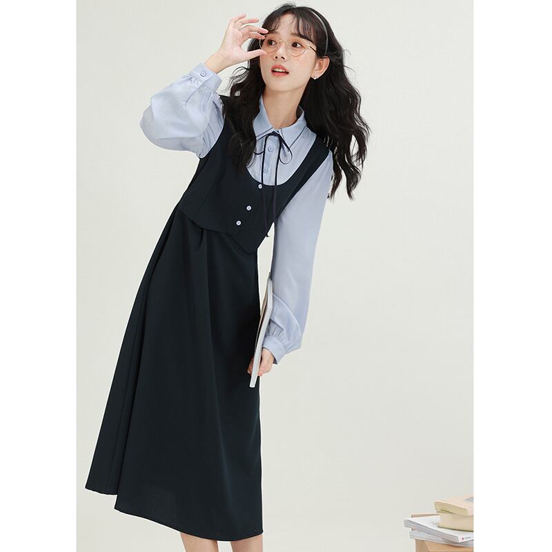 [Minami no Mori Series] ★One Piece★ 2color Women's Fake Layered Ribbon Cute Commuting Date S M L XL