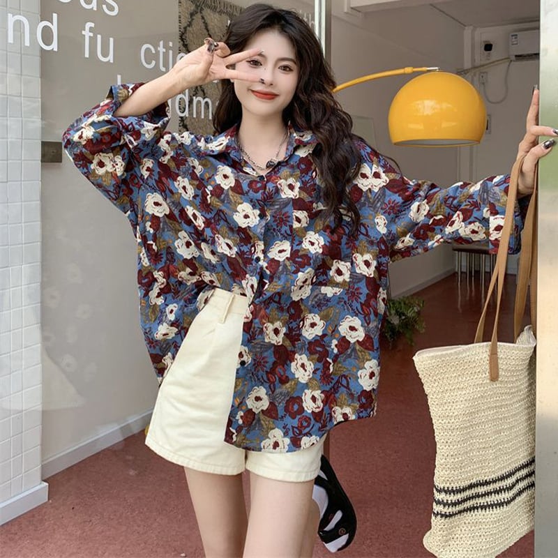 [YOUZI Series] ★Floral Pattern Shirt★ Tops Oil Painting Style Long Sleeve Shirt Loose Retro Commuting Date Cute Blue Blue