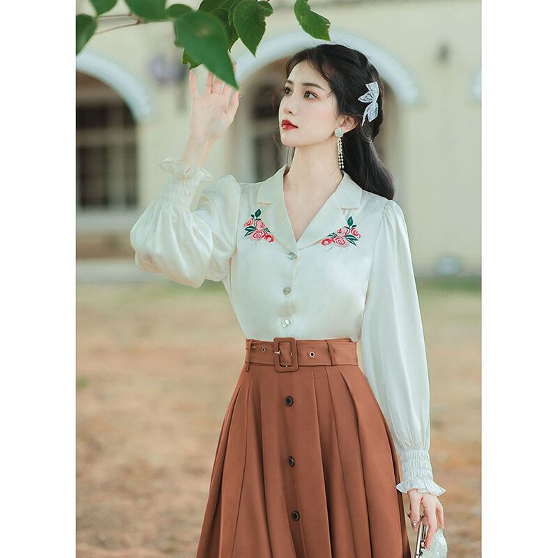 [XUANZI Series]★Shirt★ Long sleeve shirt, embroidered shirt, ladies, date, photography, literary style, V-neck