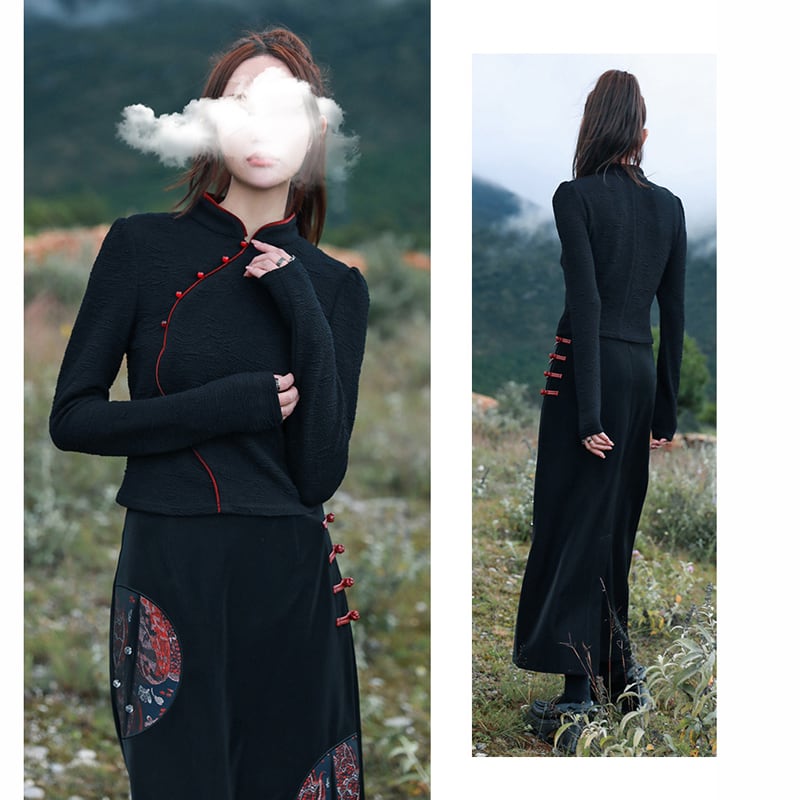 [Big Blue Dragon Series]★China style skirt★ PU skirt Chinese button ethnic style black black slimming wear