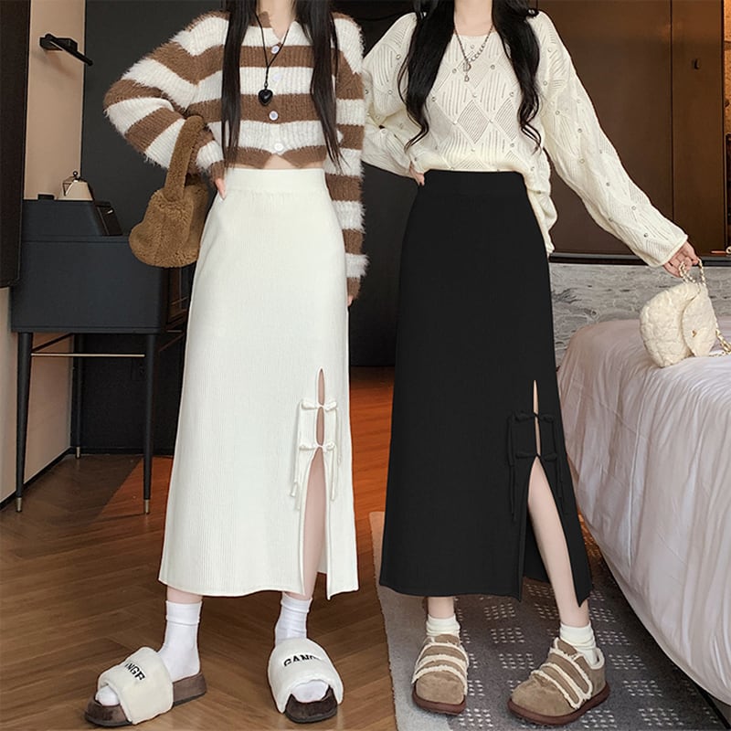 [CHAOSHAN series] ★Knit skirt★ 3color bottoms slit slimming easy to match black beige brown