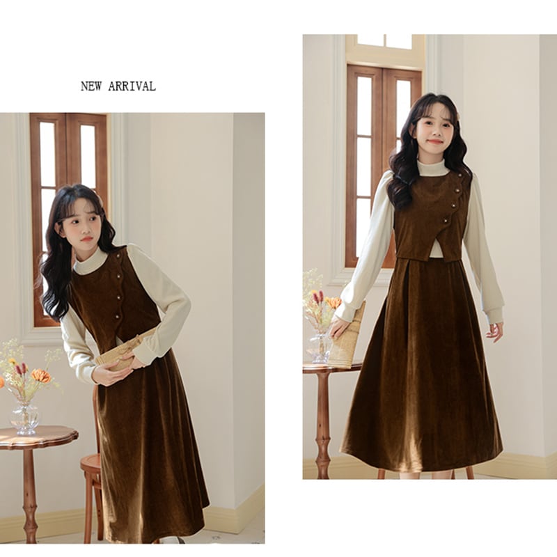 [CHIC Series] ★One Piece★ Faux Layered Corduroy Coffee Color Date Improves Temperament