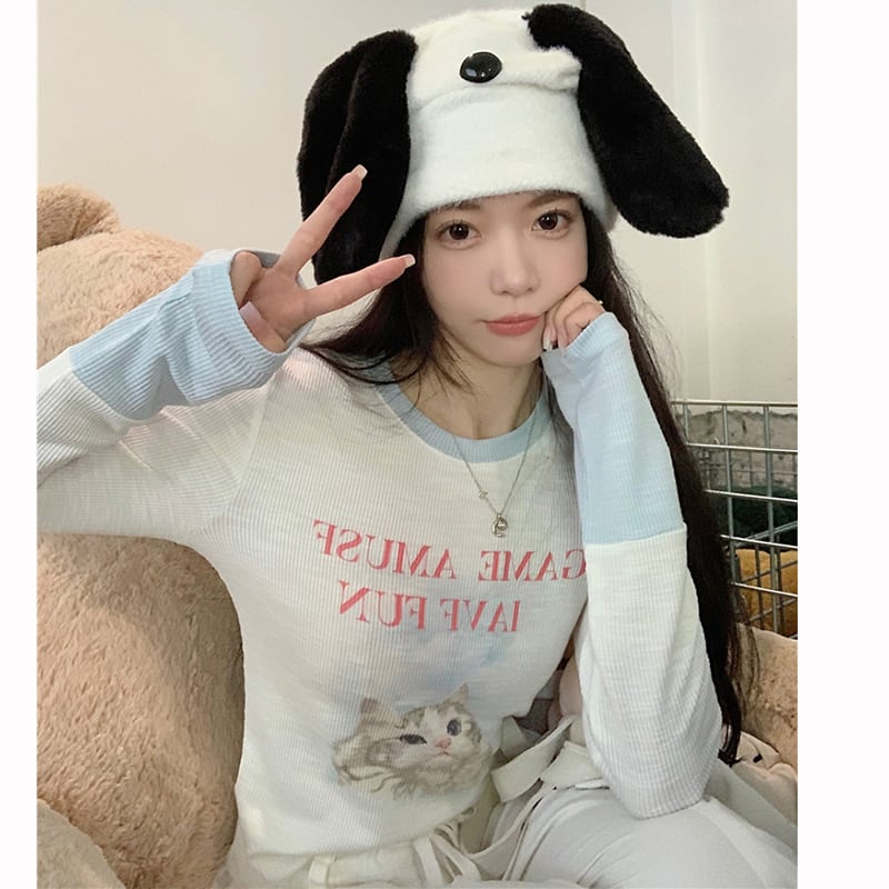 [MEIMEI Series] ★Tops★ T-shirt, long sleeve, cute, stylish, short length, cat, cat, cat