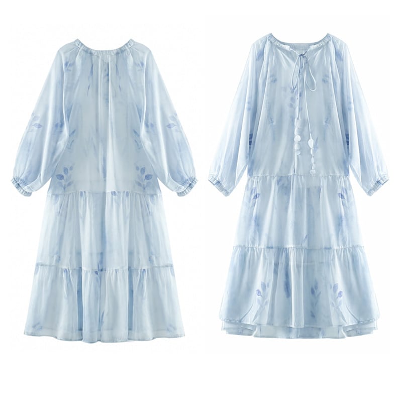 [Hakushu Series] ★2-piece dress set★ Hanging dress + long sleeve dress + chiffon Blue Blue Cute