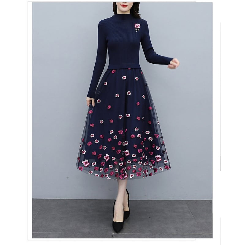 [Ebi Kei Series] ★One piece★ Stretchy knit dress Embroidery dress Floral pattern Elegant Blue Blue