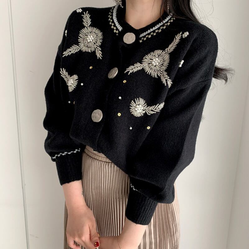 [LIANGLIANG Series]★Sweater★ 2color Cardigan Floral Pattern Women's Stylish Black White