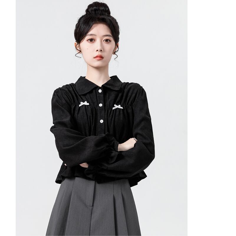 [WEIWU Series]★Shirt★ Tops Ladies Short Length Corduroy Black Cute Stylish