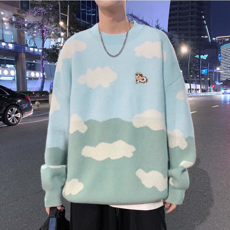 [Tokimi Series] ★Sweater★ 2color Knit Tops Unisex Men's Cloud Cow Blue Blue Color Scheme Cute